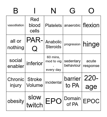 units 1/2 VCE PE Bingo Card