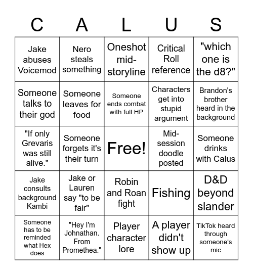 Romulus Bingo Card