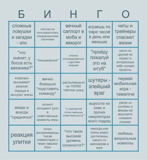 "не геймерское" Bingo Card