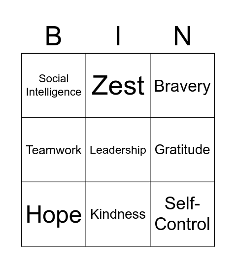 Character Strengths Bingo Card