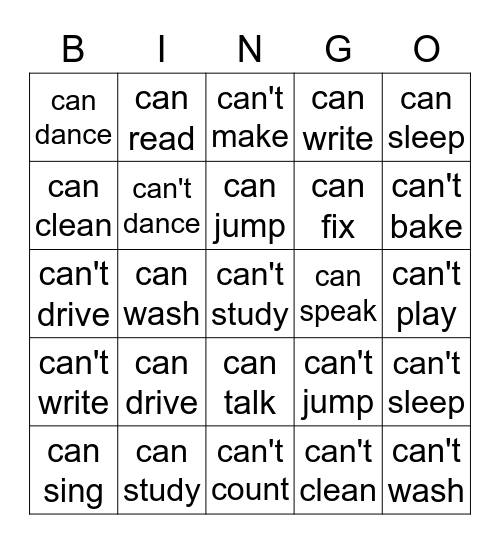 can / can't Bingo Card