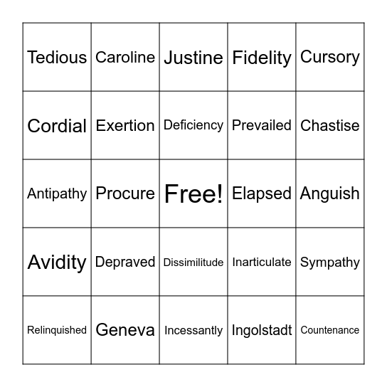 Frankenstein Bingo Card