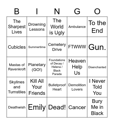 My Chemical Romance Tour Bingo Card