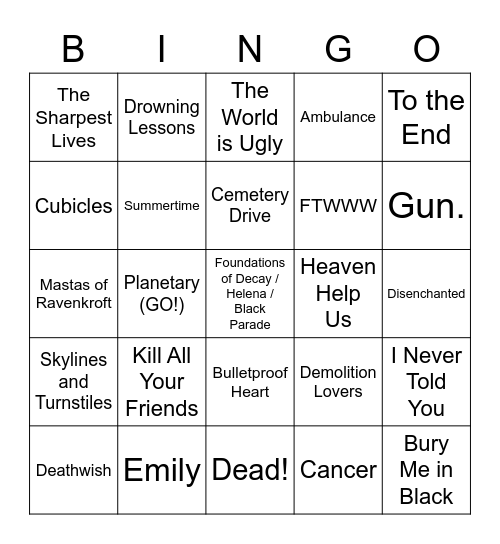 My Chemical Romance Tour Bingo Card