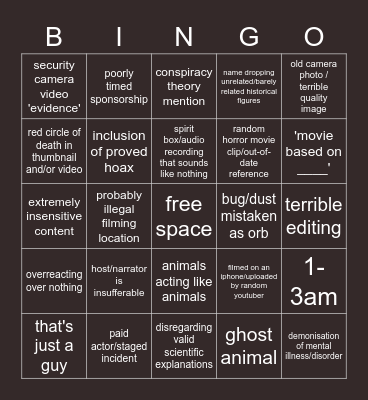 ghost video Bingo Card