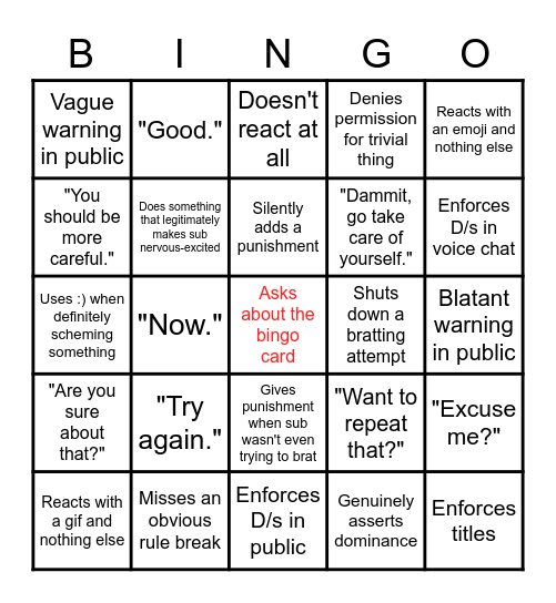 The Brat's Bingo For Dom Responses Bingo Card