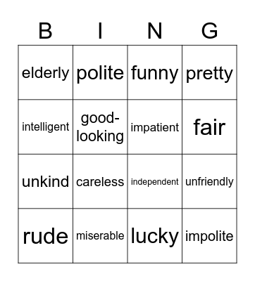 Describing people Bingo Card