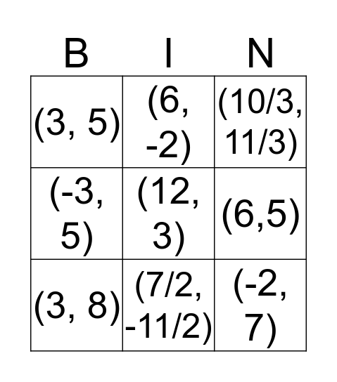 Systems of Equations Bingo Card