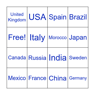 Countries In English Bingo Card