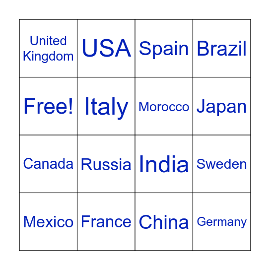 Countries In English Bingo Card