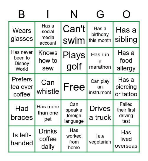 Icebreaker Bingo Card