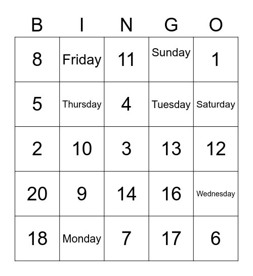 Days of the Week and Numbers Bingo Card