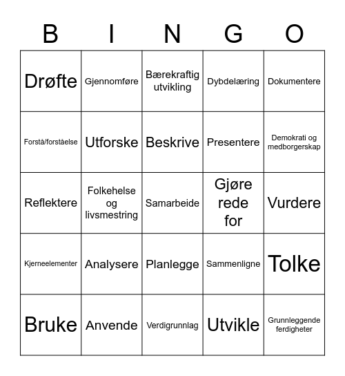 Verb i læreplanen Bingo Card