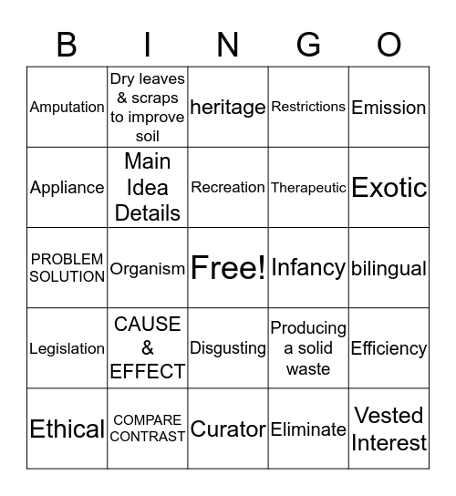 INTENSIVE READING - REVIEW Bingo Card