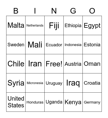 Latitude and Longitude Bingo Card