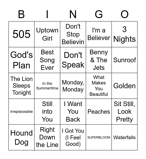 Monday Song Bingo Card