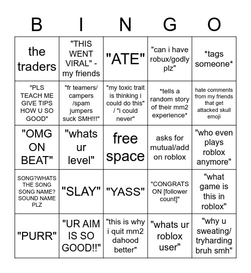 my comment section Bingo Card