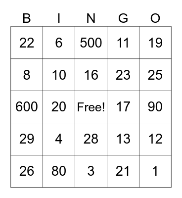 I Numeri Bingo Card