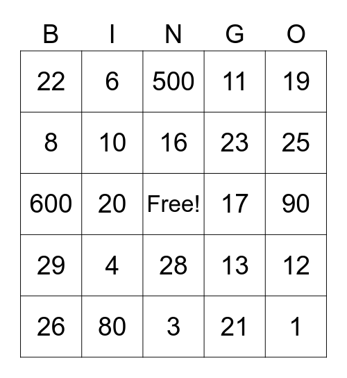 I Numeri Bingo Card