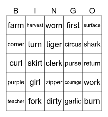 R - controlled vowel (bossy R) BINGO Card