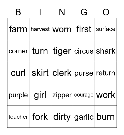 R - controlled vowel (bossy R) BINGO Card