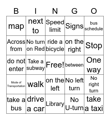 Transportation Bingo Card