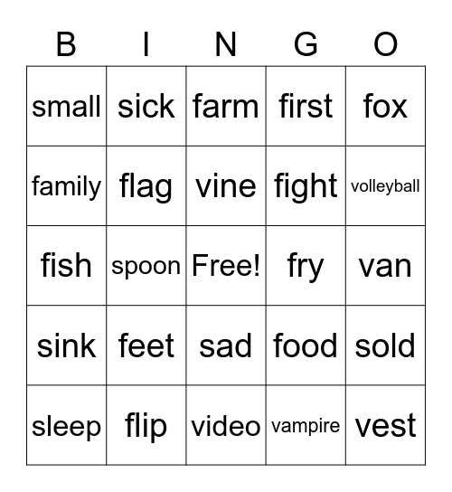 Fricative Bingo Card