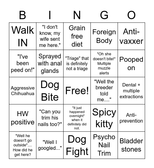 Vet Tech Bingo! Bingo Card