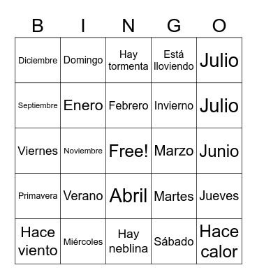 La clima y los días Bingo Card