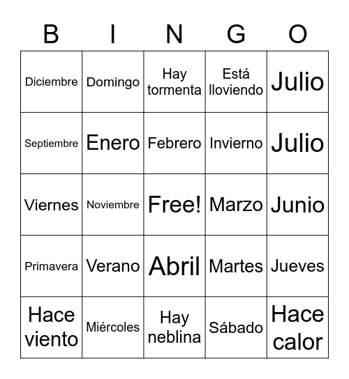La clima y los días Bingo Card