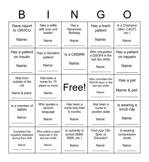 Med-Surg Nurse's Week Bingo Card