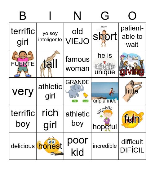 4 Adjetivos 1 en inglés Bingo Card