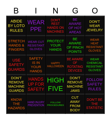 HAND INJURY PREVENTION Bingo Card