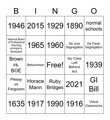 Education Timeline Bingo Card