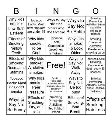 Smoking Prevention Bingo  Bingo Card