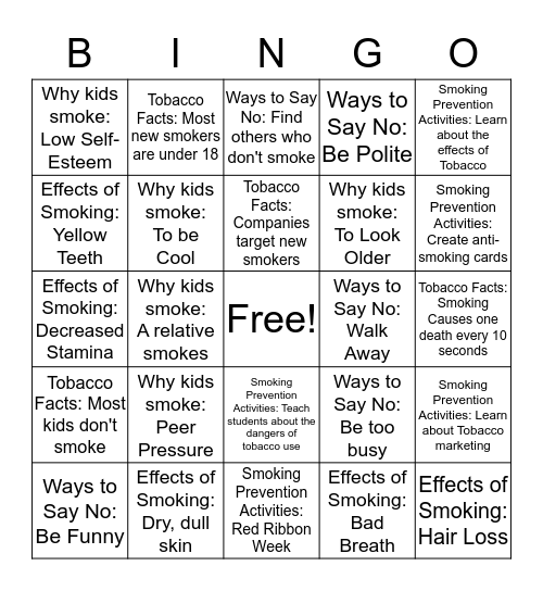 Smoking Prevention Bingo  Bingo Card