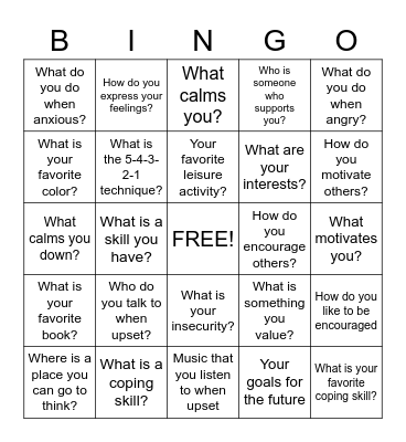 Coping Skills Bingo Card