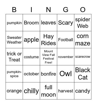 Mount View Fall Festival Bingo! Bingo Card