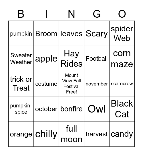 Mount View Fall Festival Bingo! Bingo Card