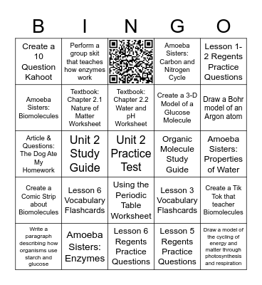 Unit 2: Biochemistry (Honors) Bingo Card