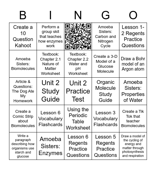 Unit 2: Biochemistry (Honors) Bingo Card