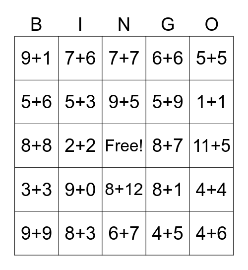 Math Facts Bingo Card