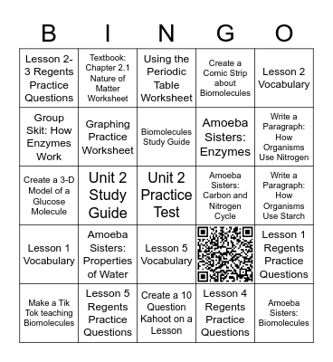 Unit 2: Biochemistry (Regents LE) Bingo Card