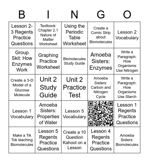 Unit 2: Biochemistry (Regents LE) Bingo Card