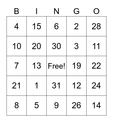 Numeros 1-31 Bingo Card