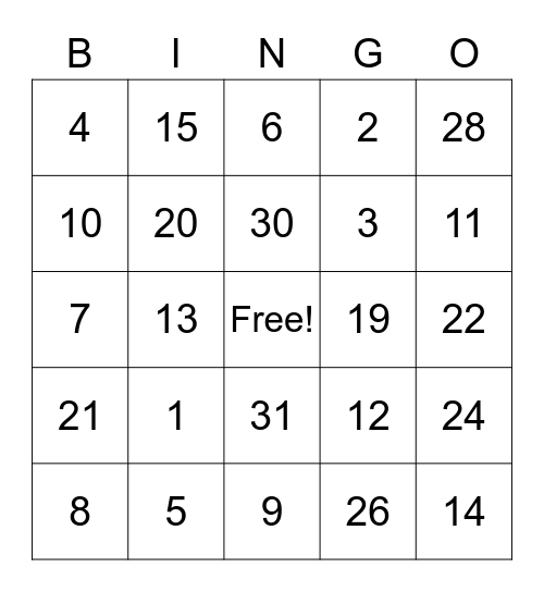 Numeros 1-31 Bingo Card