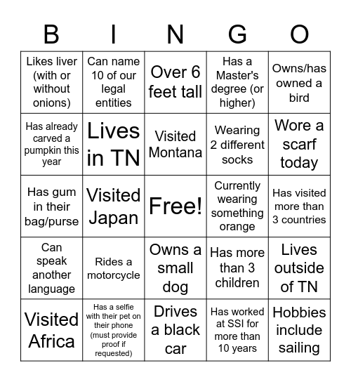 SSI Employee Bingo Card