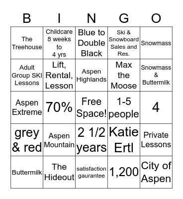 Ski & Snowboard School Bingo Card