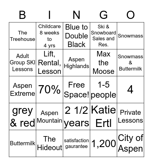 Ski & Snowboard School Bingo Card