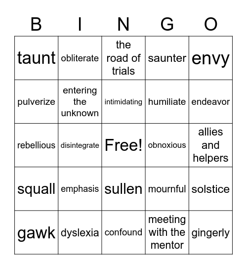 Chapters 1-8 Vocabulary Bingo Card